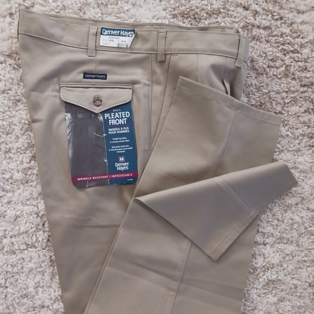 Denver Hayes Men's Dress Pants 35" X 32" Khaki Pleated Front Straight Leg NEW